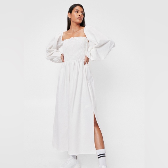 Nasty Gal Dresses & Skirts - Nasty Gal Linen Look Balloon Sleeve Shirred Midi Dress - size 10